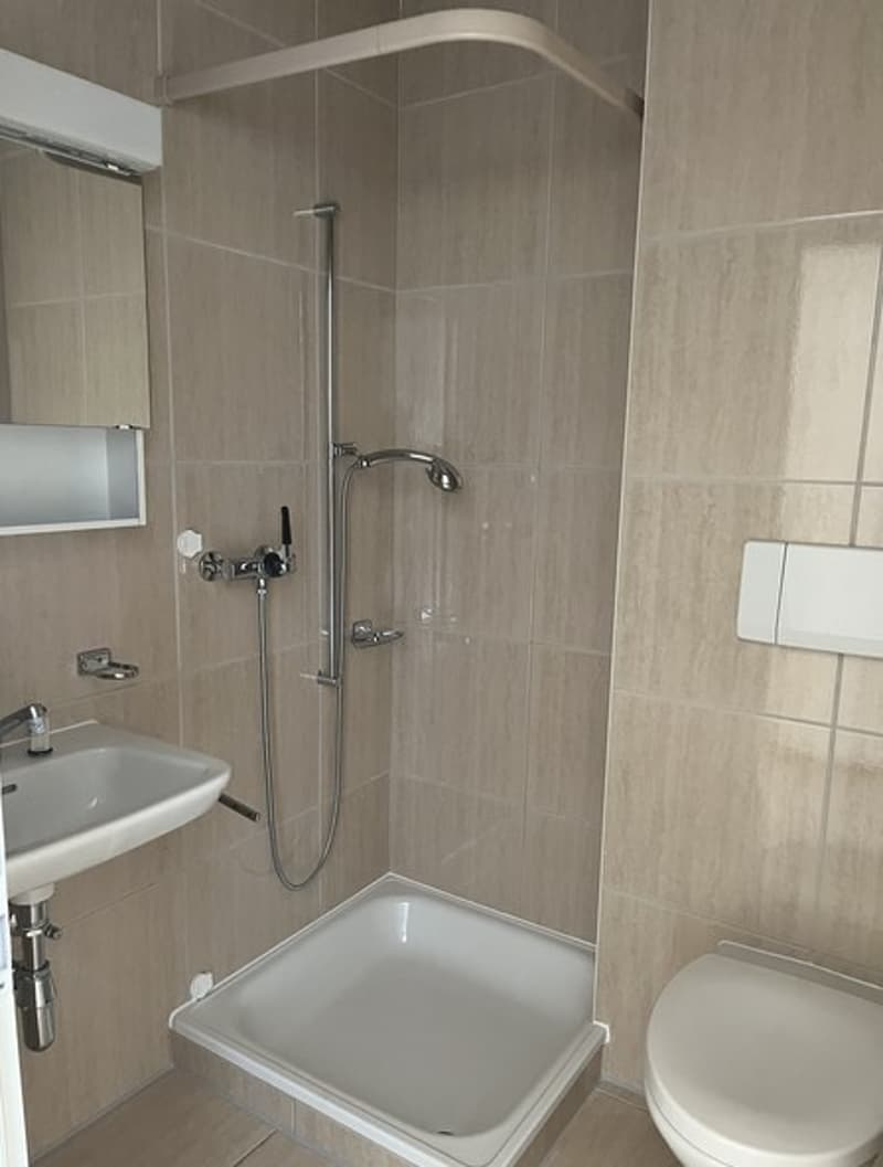 Tiled bathroom with a shower stall, sink, and toilet.