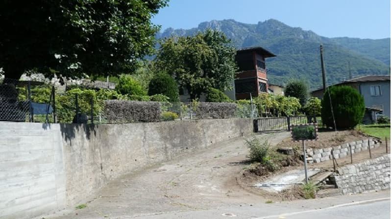 Concrete wall, plants, bushes, road, gate, pole, mountain in the background