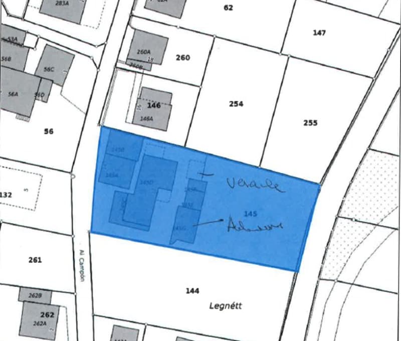 The image shows a floor plan or map of a property. It appears to be divided into several parcels or lots, with labels indicating different sections or areas. The main focus of the image is a large blue-shaded area labeled 'Veracie' and 'Annette', which se