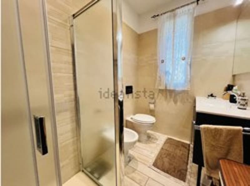 tiled shower, toilet, sink, towel rack, window