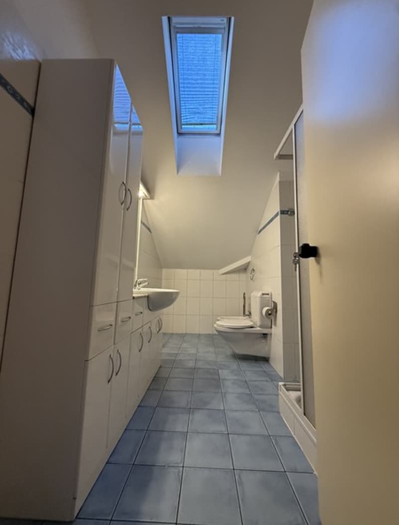 Bathroom with white cabinets, tiled floor, toilet, sink, shower, and skylight