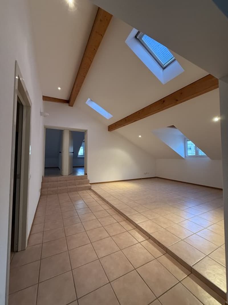 large room, wooden beams, two doors, steps, tiled floor, three skylights, white walls
