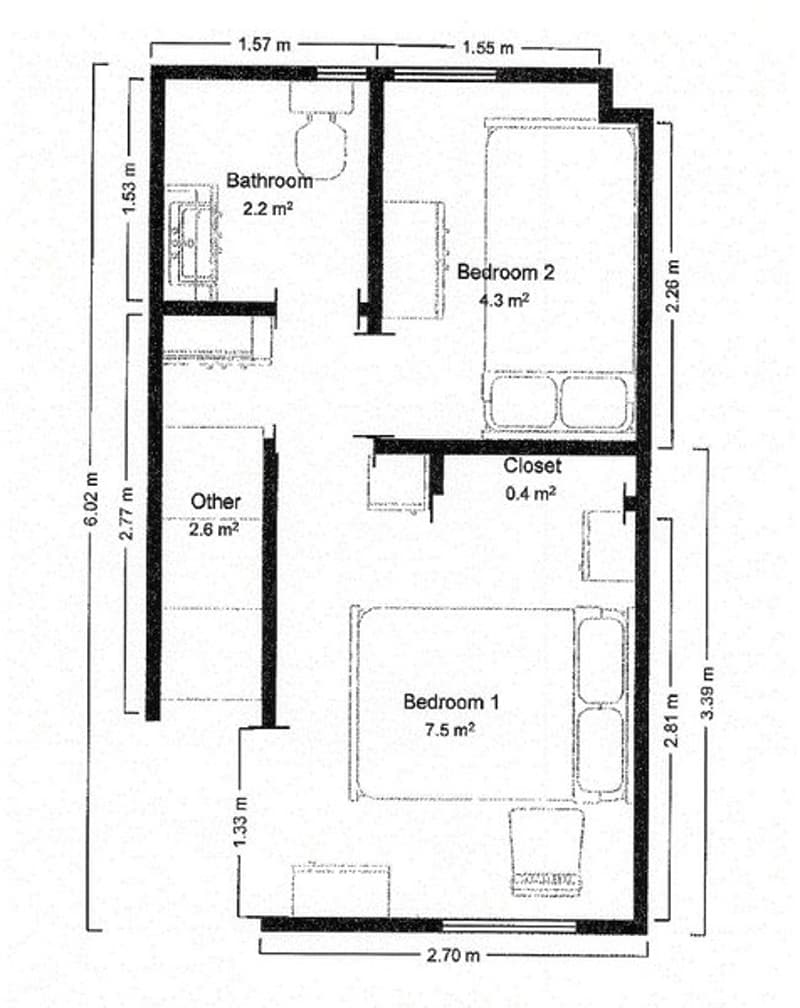 Bathroom, Bedroom 1, Bedroom 2, Closet, Other room