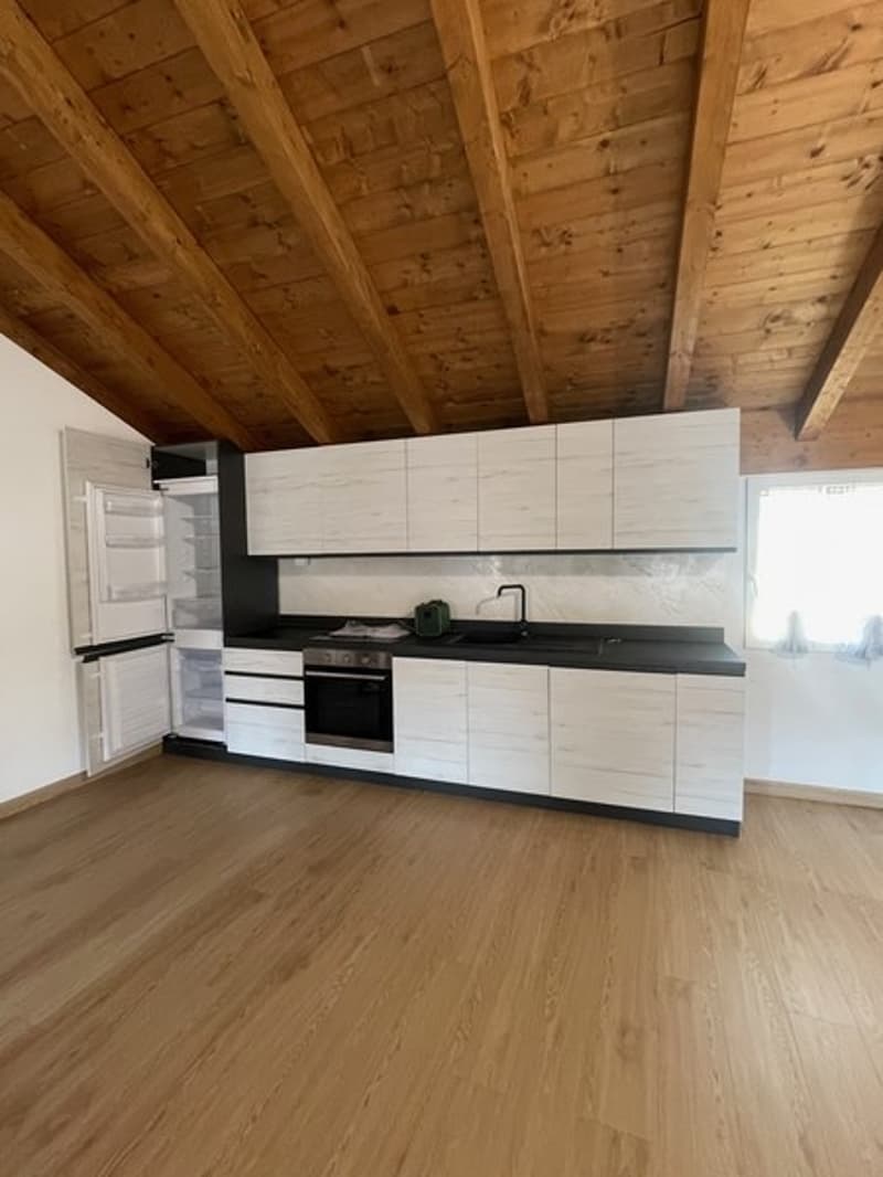 Modern kitchen with wooden floors, white cabinets, black countertops, stainless steel appliances, including a refrigerator and oven.