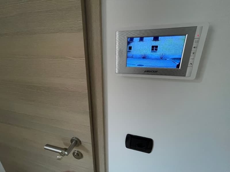 Closed door, surveillance camera mounted on wall