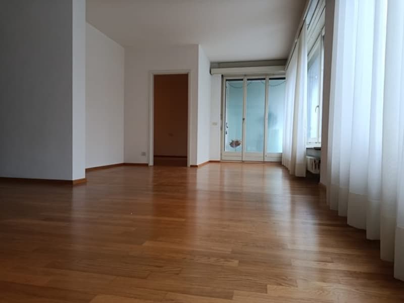 empty room, wooden floor, sliding glass door, white walls and curtains, hallway