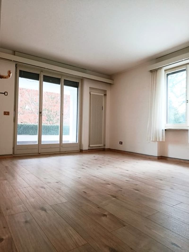 Empty room, sliding glass doors, white curtains, white wooden floor, white walls, white radiator, power outlet