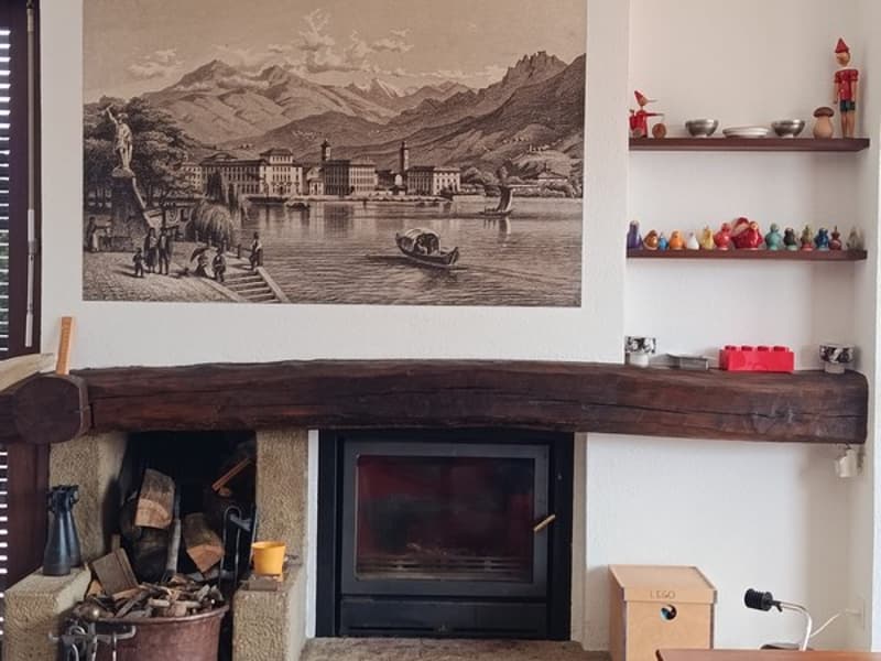 Fireplace, wooden mantle, black fireplace, shelves, painting, toys, desk, lamp