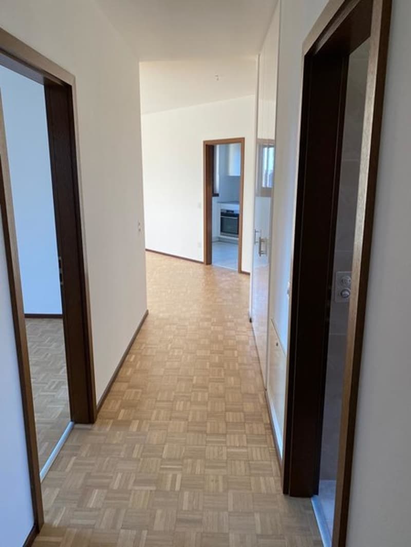The image shows the interior of an apartment. The hallway has a parquet floor and leads to multiple rooms, including what appears to be a kitchen visible through an open doorway.
