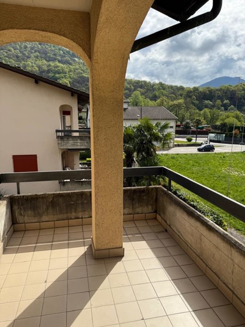 tiled floor, metal railing, view of a grassy field and mountains
