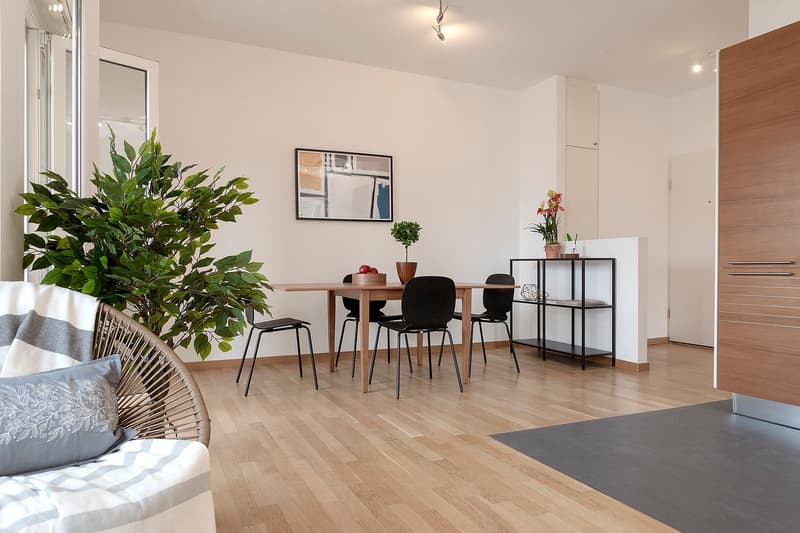 Dining area with wooden table, black chairs, plants, and a shelf with flowers