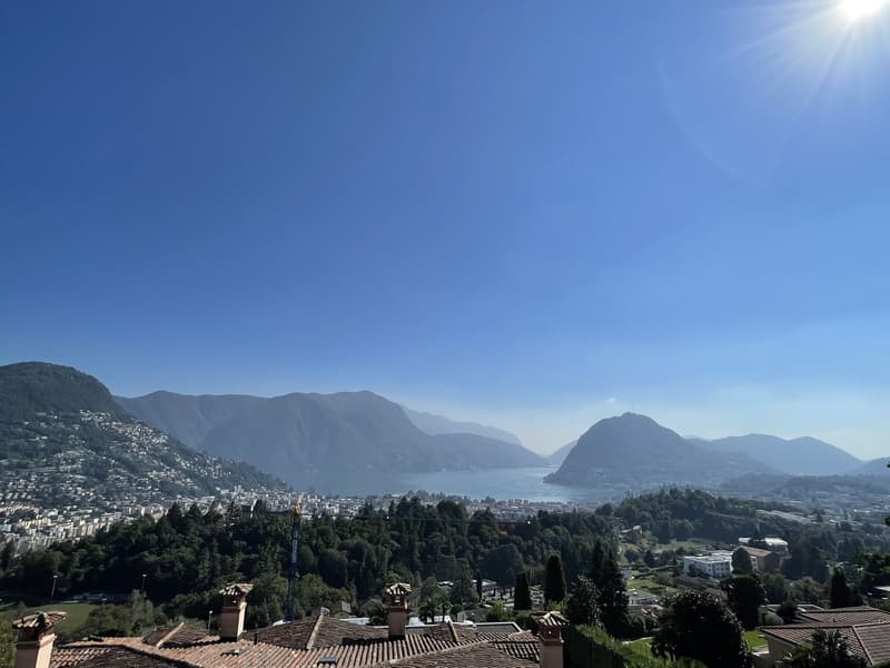 Aerial view of a town with mountains, a lake, and a clear blue sky.