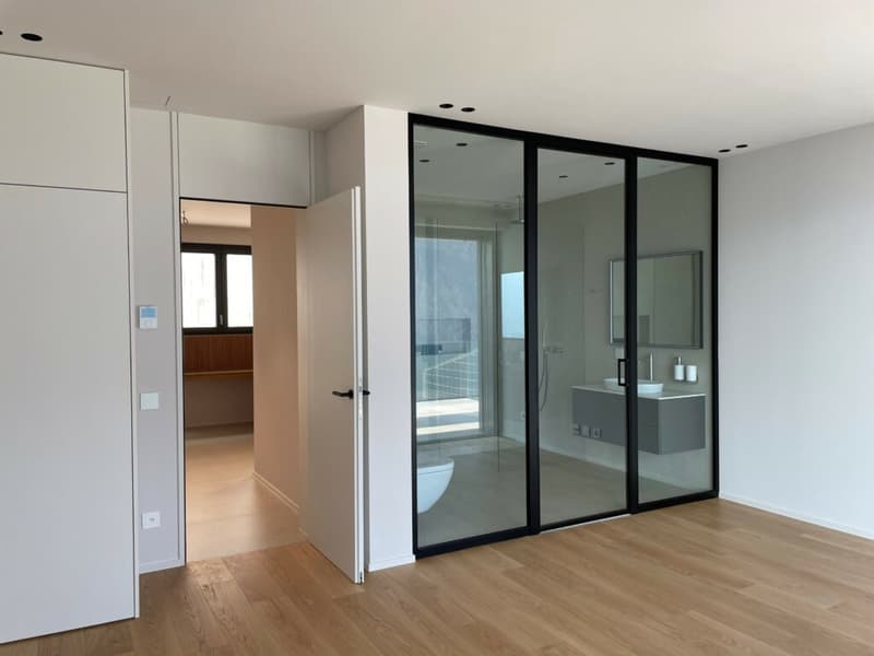 A contemporary bathroom space featuring a modern walk-in shower, toilet, and vanity area, with sliding glass doors and large windows.