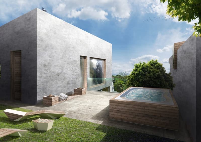 modern pool, patio, outdoor lounge chairs, wooden deck, garden