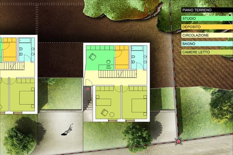 Floor plan for a house with two different layouts, each featuring studio, deposit, bedroom, circulation, and bathroom areas