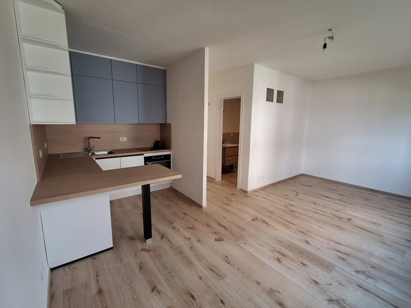 modern kitchen, equipped with stainless steel appliances, wooden countertops, white cabinets, hardwood floors, open to the living area