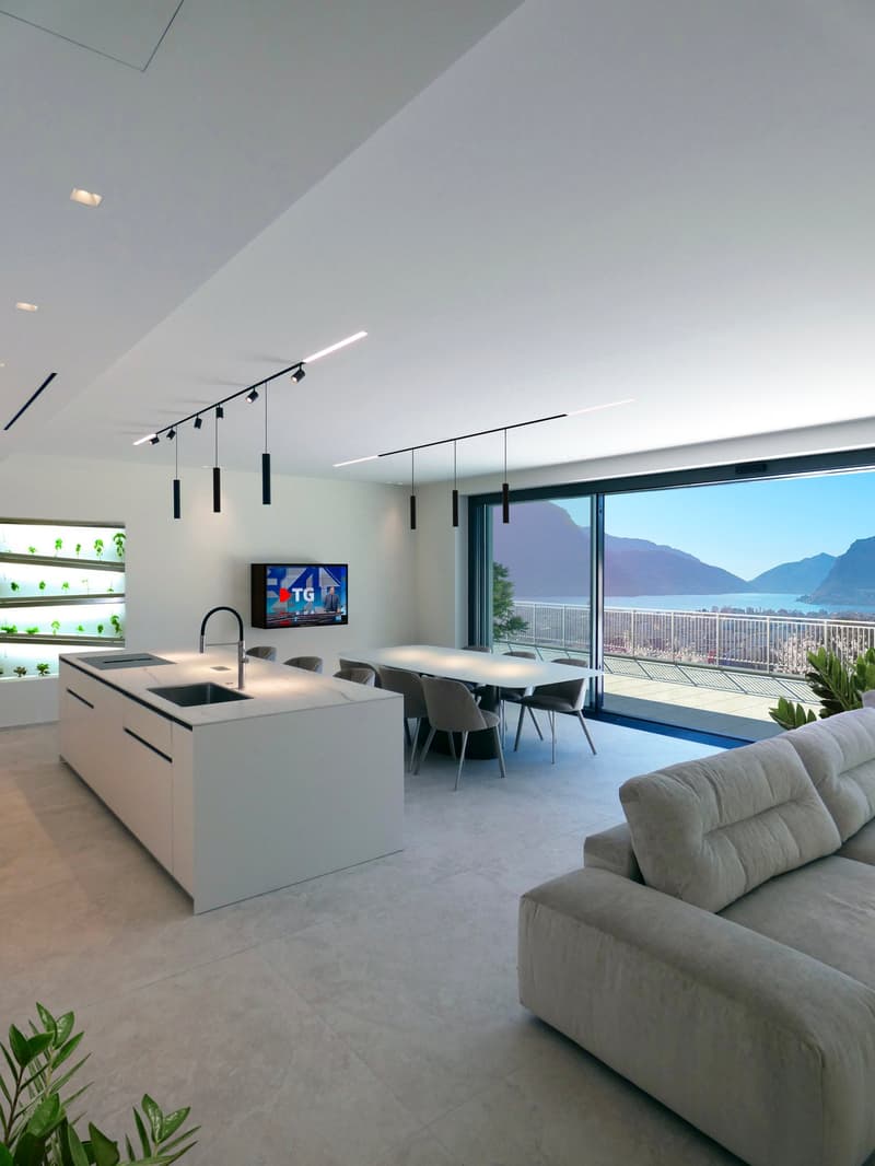 modern kitchen with island, dining area, living room, balcony, TV, plants