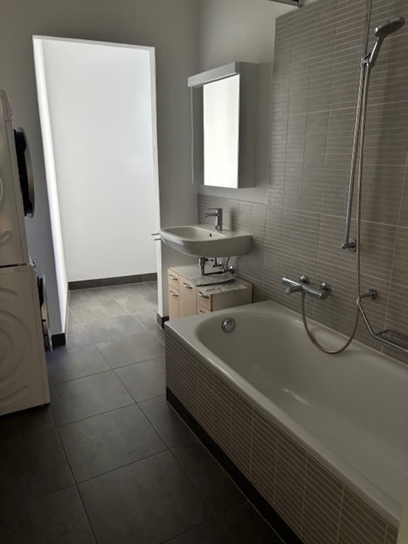 Bathroom with bathtub, sink, mirror, and washing machine