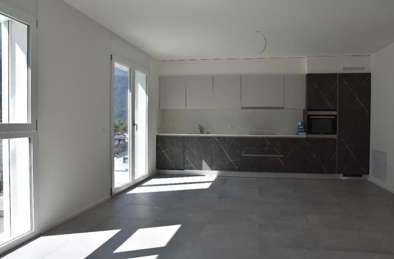 Spacious open-plan kitchen with modern, minimalist design. Gray cabinets, black marble countertops, and large windows providing natural light. Sliding glass door leading to a balcony or terrace.