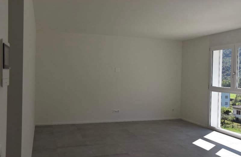 Empty room with white walls, gray concrete floor, and a large window providing natural light.