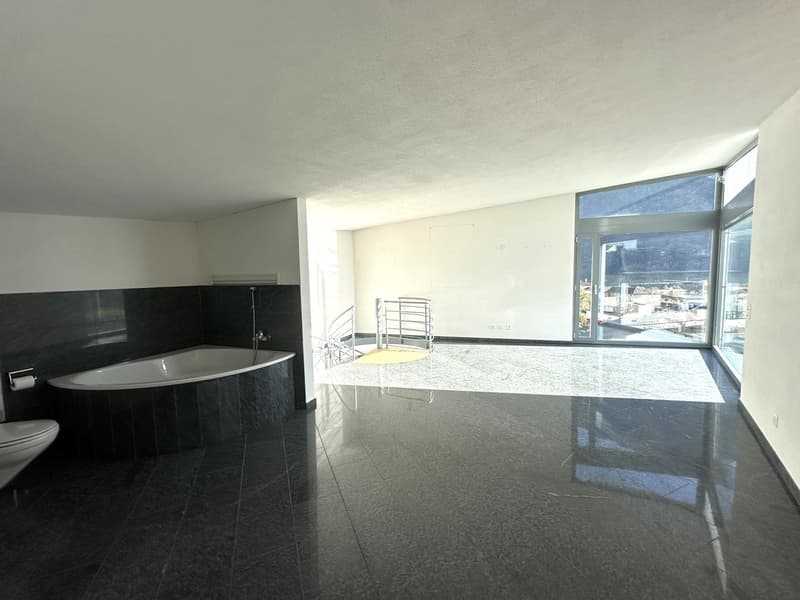 empty room, bathtub, toilet, staircase, window, black marble floor, white walls