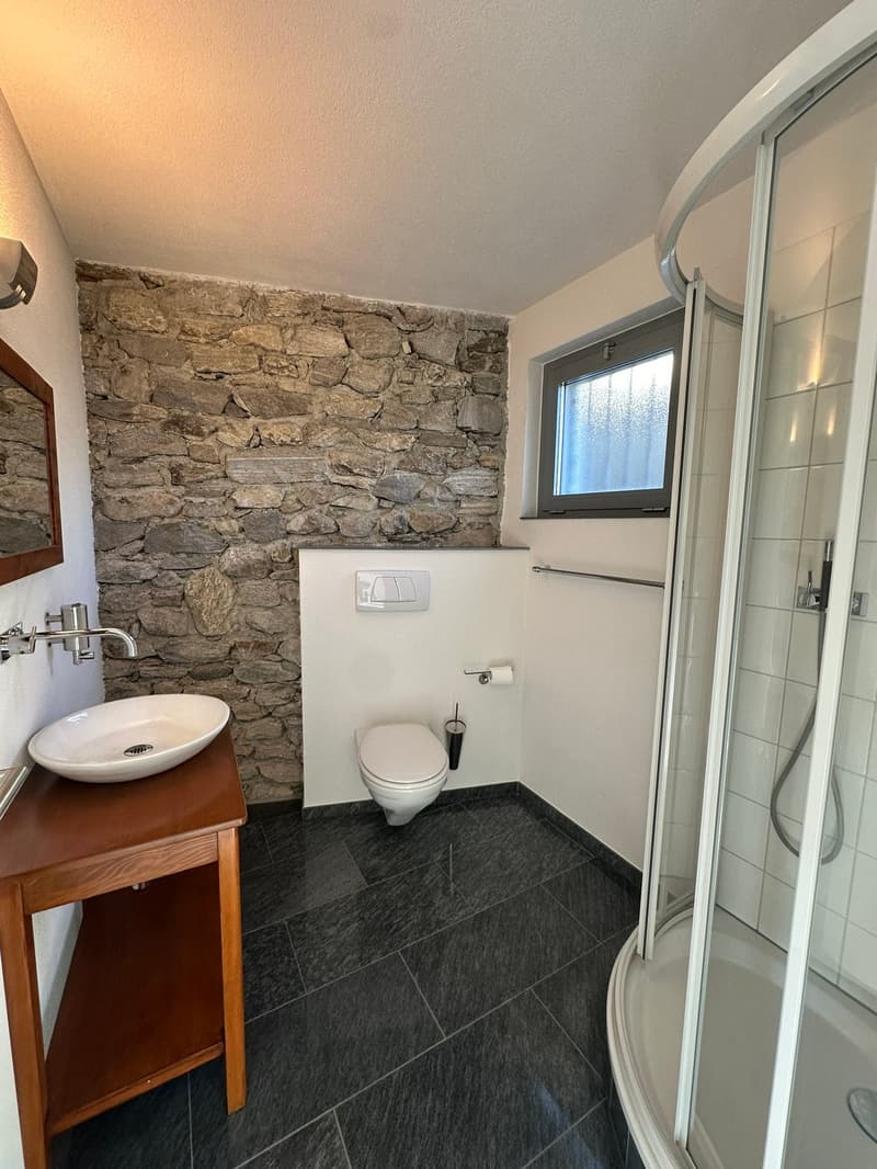 A small bathroom with stone wall, black tiled floor, toilet, glass shower and a wooden sink table