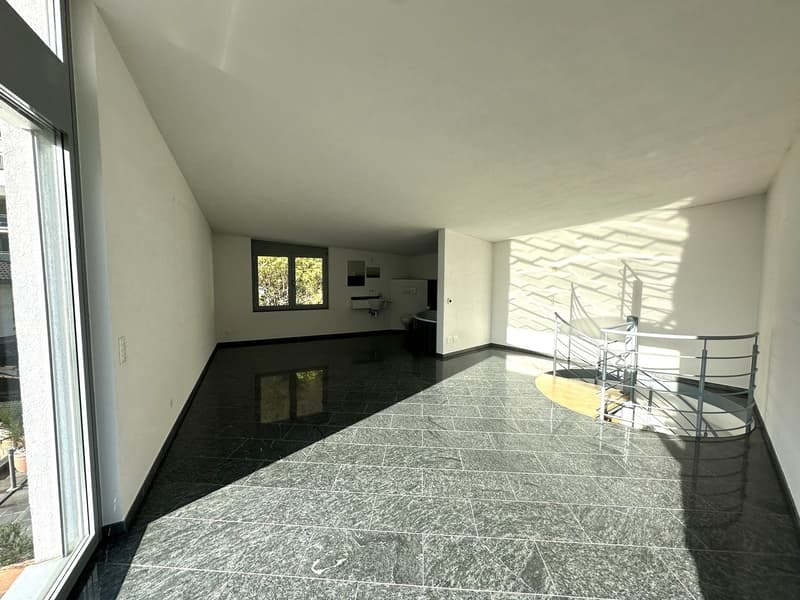 Large room with granite tiles, glass window, glass door, spiral staircase, wall-mounted sink