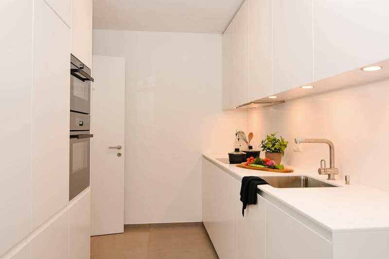 modern kitchen with built-in oven, dishwasher, large sink, chopping board, countertop with electrical outlet, pots and pans, plant, towels