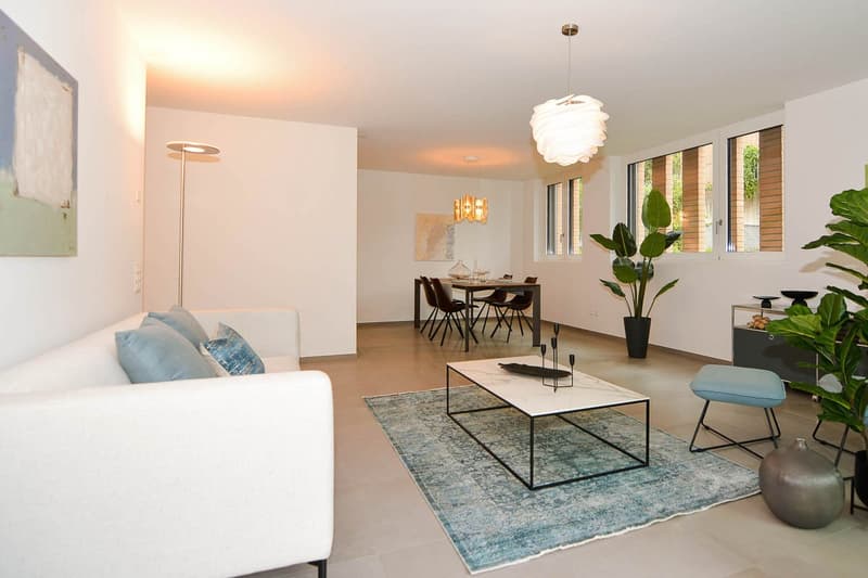 modern open plan living room with dining area, tile flooring, white sofa, coffee table, plants, table, chairs