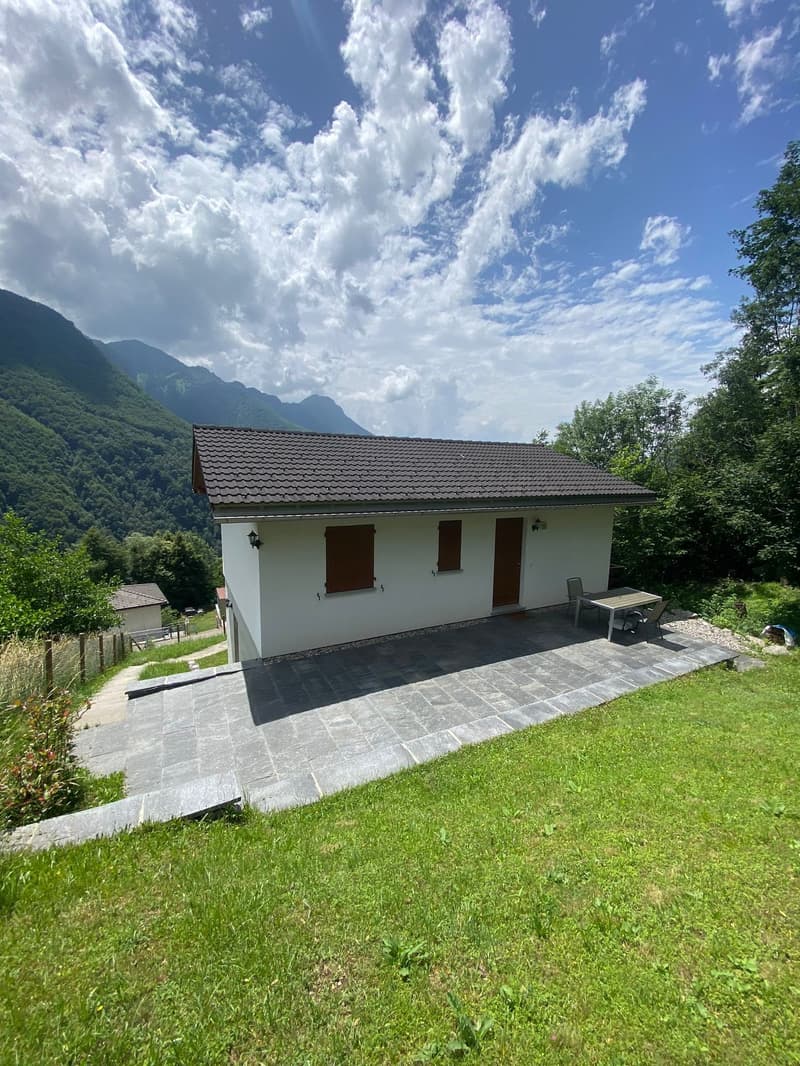 Single story house, white exterior, gray roof, surrounded by lush greenery, stone patio, garden table, distant house and mountain landscape