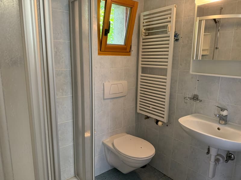 Bathroom with gray tile walls, a toilet, a sink, a towel warmer, and a shower enclosure.