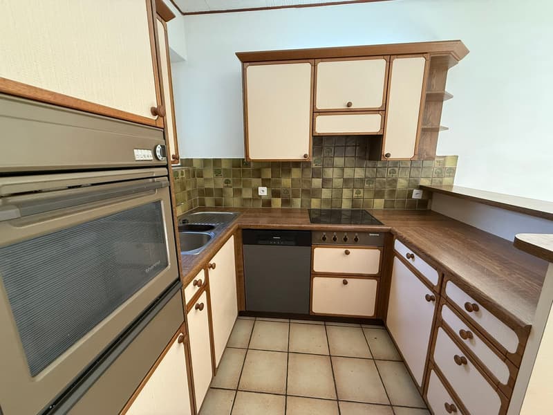 Compact kitchen with wooden cabinets, tile backsplash, tile flooring, and built-in appliances including a dishwasher and oven