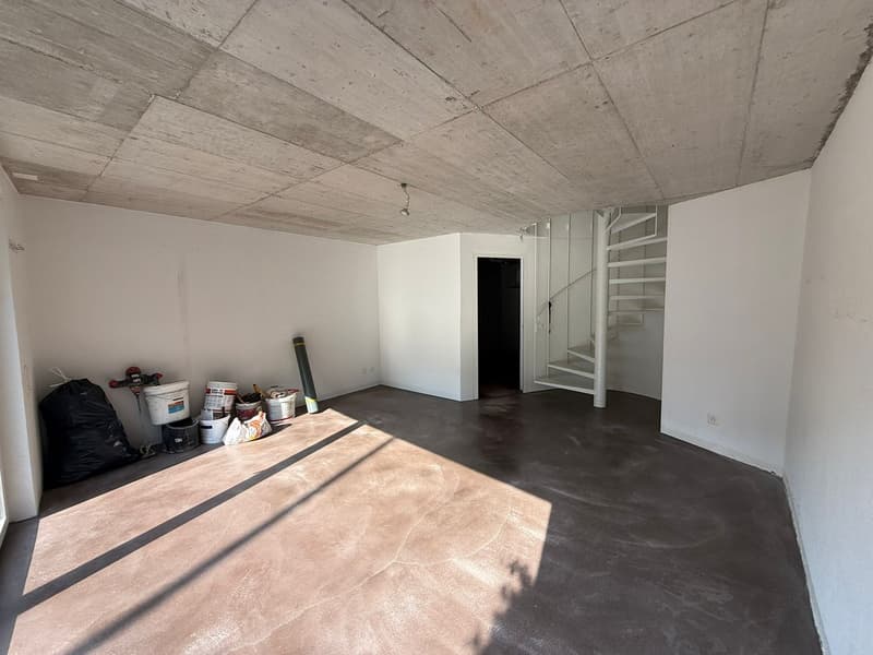 Concrete floor, white walls, ceiling with exposed beams, spiral staircase, white doors, buckets, and plastic bags