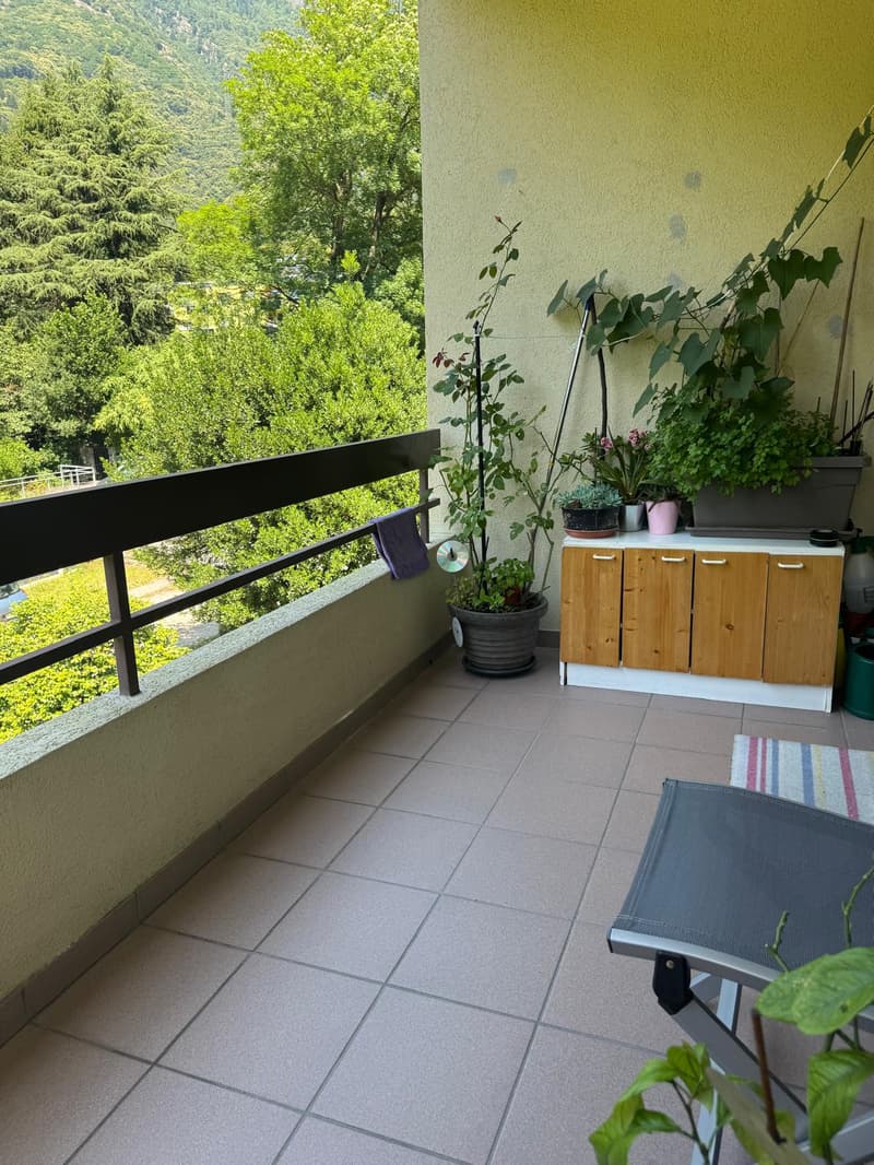 Terraced balcony with tiled floor, balcony table, potted plants, metal railings, distant mountain view