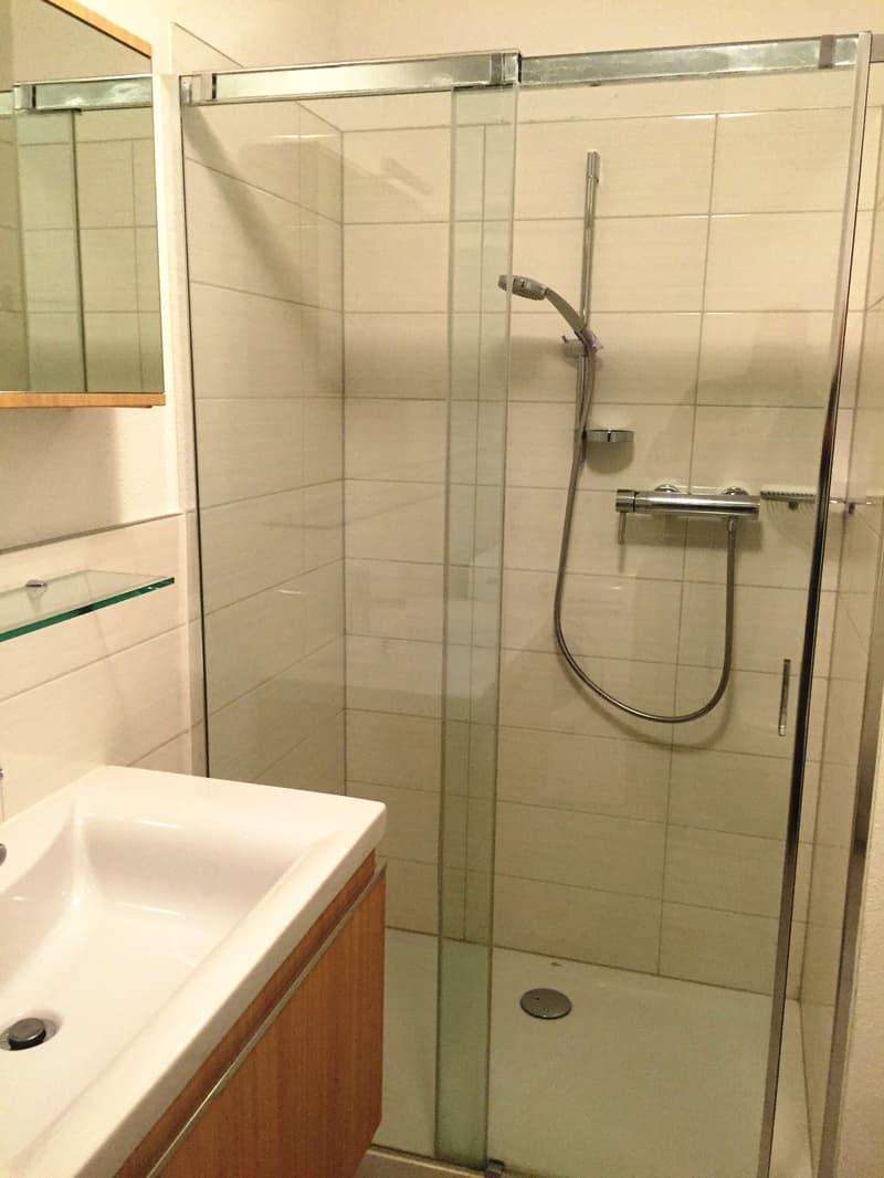 Modern shower cubicle with tiled walls, shower head and wall-mounted shower holder, white basin with a mirror above it and a wooden cabinet below