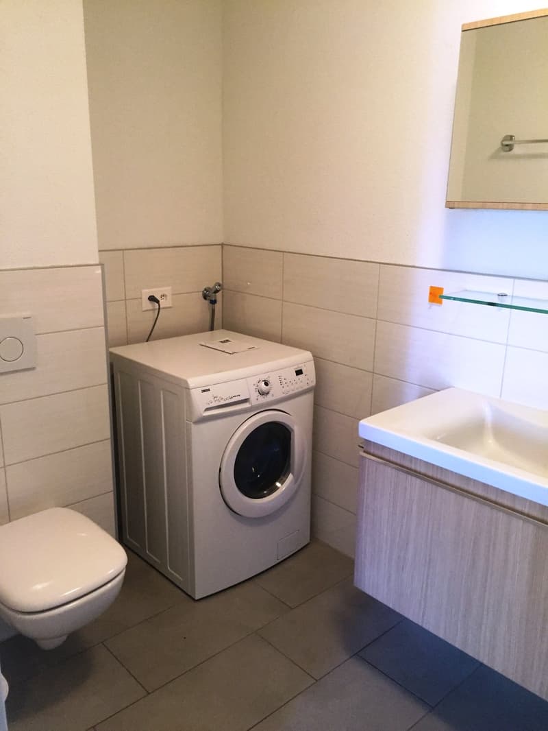 a white washing machine, white toilet, sink, tiles and white walls