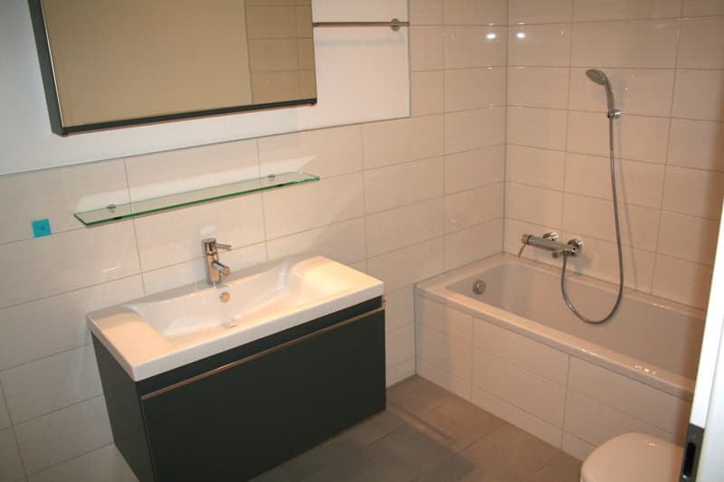 white bathroom with bathtub, shower, and sink