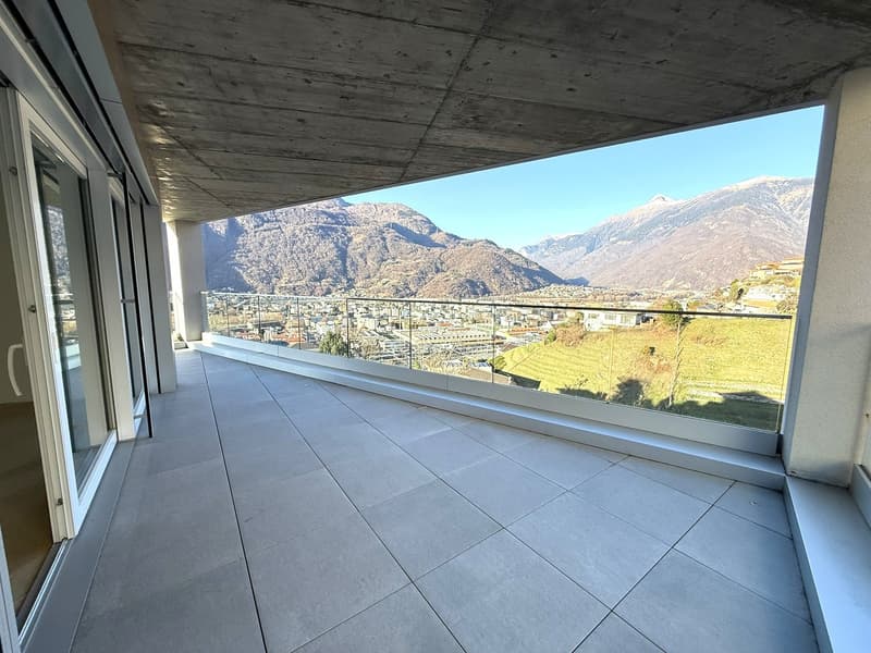 Large balcony, panoramic window, concrete ceiling, concrete floor