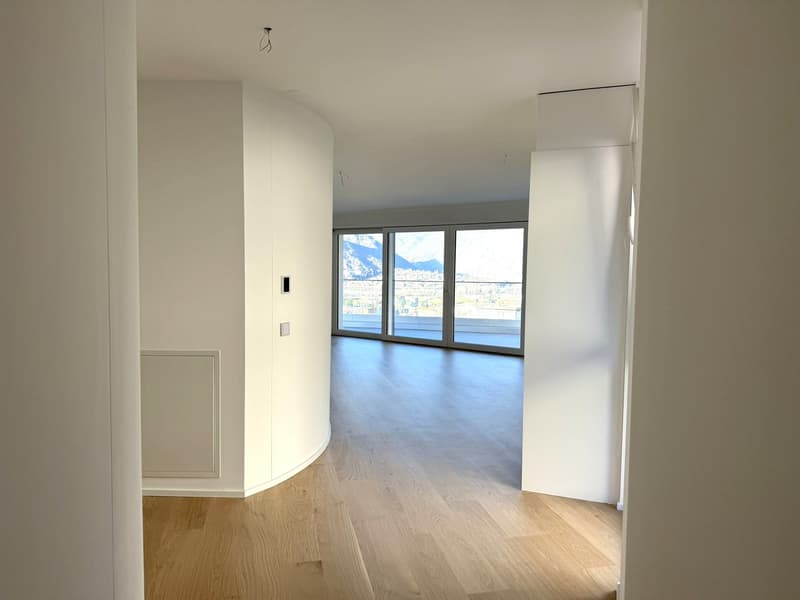 empty room, hardwood floors, large windows, view of mountains