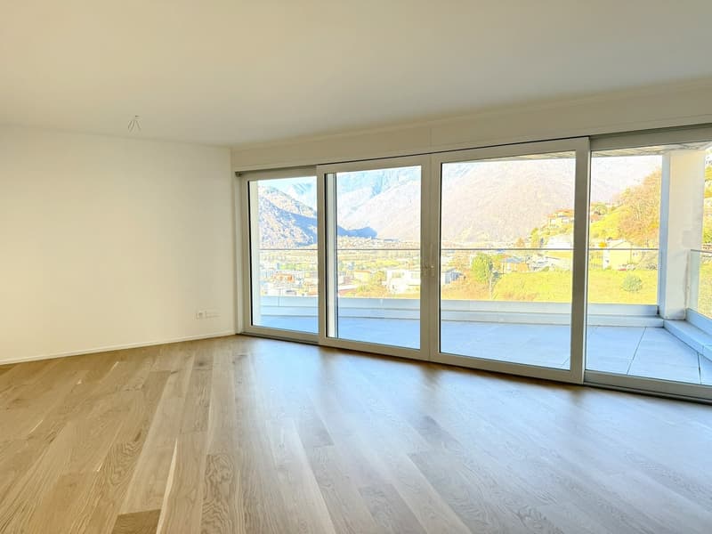 wooden floors, large glass sliding doors to a terrace, white walls, view of mountains and town