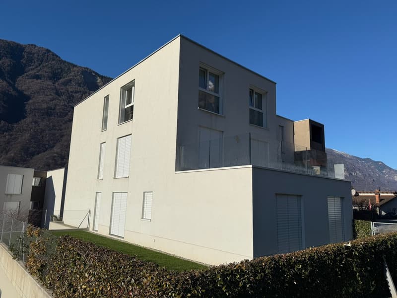 Modern design house, white exterior, glass railing on terrace, multiple windows, garage entrance