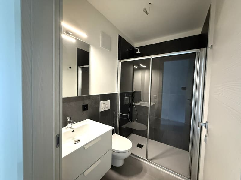 modern bathroom with white sink, mirror, white toilet, walk-in shower, and tiled floor