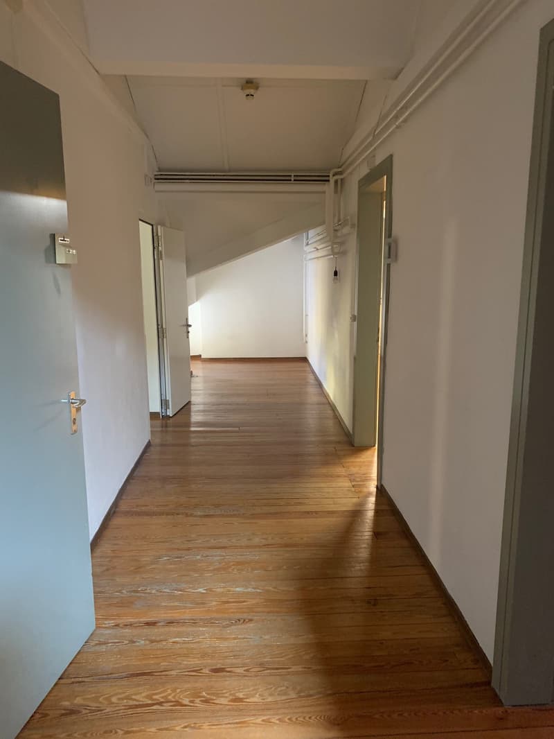 Empty wooden floor hallway with doors and light on the ceiling