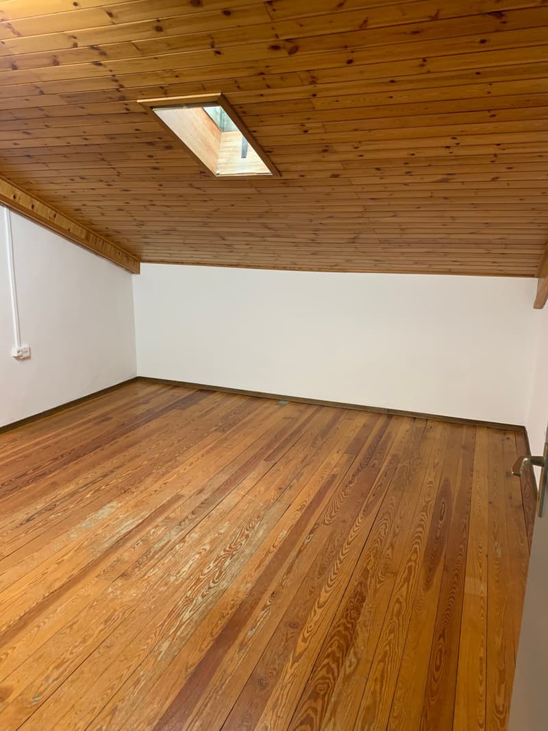 empty room, wooden floor, white walls, skylight in ceiling