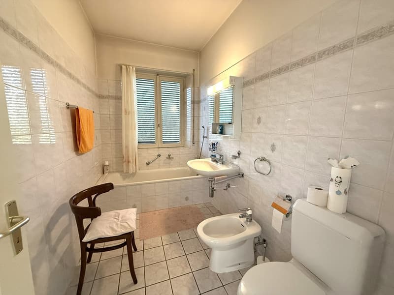 modern bathroom with toilet, bidet, bathtub, sink, mirror, and towel rack