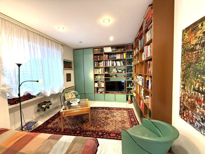Living room with a couch, coffee table, rug, bookshelves, TV, and a painting on the wall