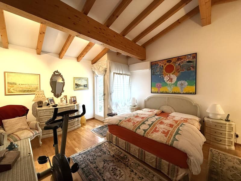Wooden ceiling, carpeted floor, bed with bedsheet, lamps, chair, cabinet, mirror, framed pictures, paintings, treadmill, small table
