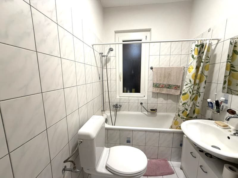 Bathroom with white tiles, bathtub, shower, toilet, sink, towel rack, mirror, and a window.