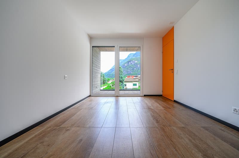 empty room, white walls, wooden floor, sliding glass door, mountain view