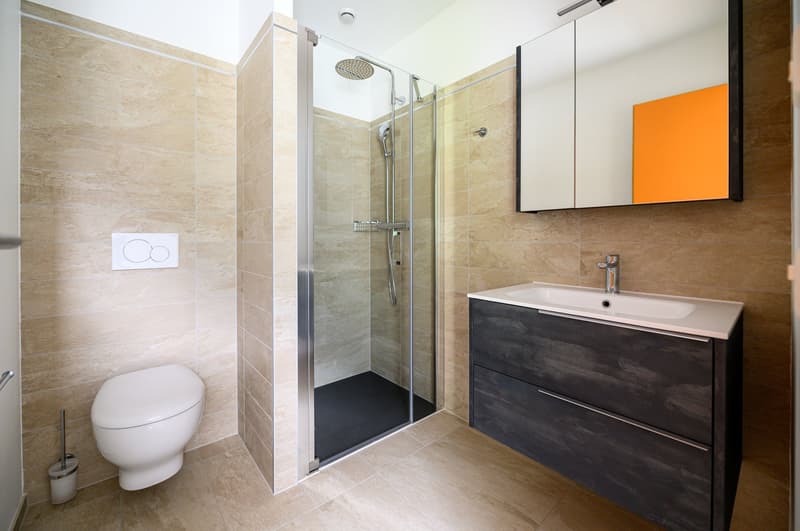 modern bathroom with shower, toilet, sink, mirror, and tiled walls